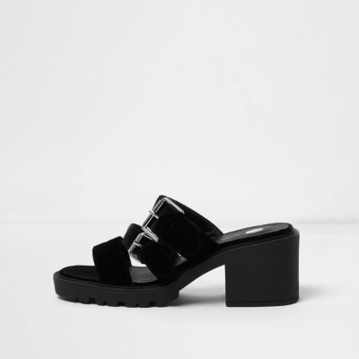 Black velvet multi strap heel sandals
